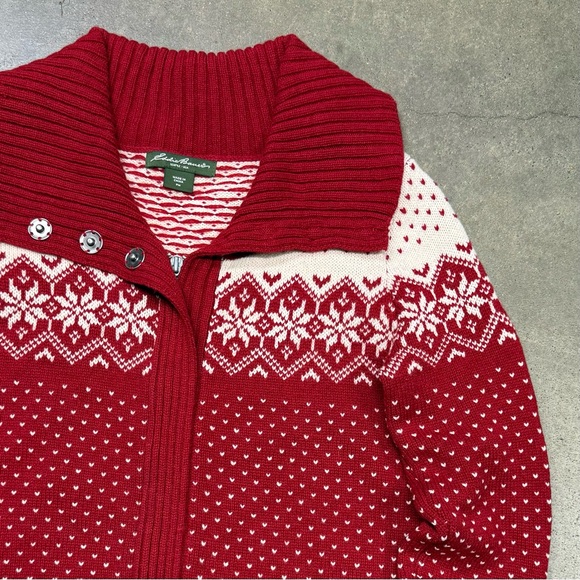 Eddie Bauer Lambswool Zip Cardigan Sweater Red Fair Isle Heart Knit - Picture 2 of 9